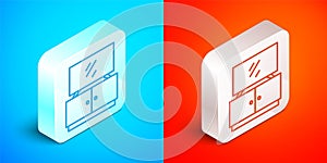 Isometric line TV table stand icon isolated on blue and red background. Silver square button. Vector