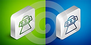 Isometric line UFO flying spaceship icon isolated on green and blue background. Flying saucer. Alien space ship