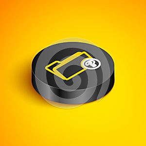 Isometric line Unknown directory icon isolated on yellow background. Magnifying glass and folder. Black circle button
