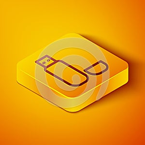 Isometric line USB flash drive icon isolated on orange background. Yellow square button. Vector Illustration