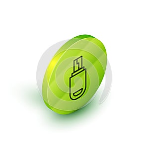 Isometric line USB flash drive icon isolated on white background. Green circle button. Vector Illustration