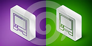 Isometric line Voice assistant icon isolated on purple and green background. Voice control user interface smart speaker