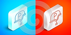 Isometric line War journalist correspondent icon isolated on blue and red background. Live news. Silver square button