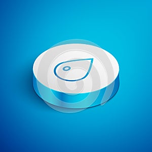 Isometric line Water drop icon isolated on blue background. White circle button. Vector Illustration