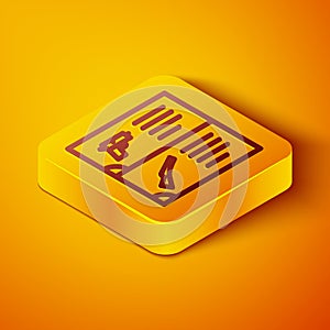 Isometric line Weapon catalog icon isolated on orange background. Police or military handgun. Small firearm. Yellow