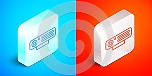 Isometric line Web camera icon isolated on blue and red background. Chat camera. Webcam icon. Silver square button