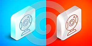 Isometric line Web camera icon isolated on blue and red background. Chat camera. Webcam icon. Silver square button