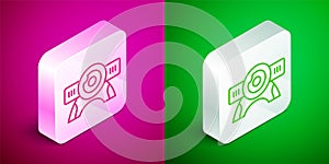 Isometric line Web camera icon isolated on pink and green background. Chat camera. Webcam icon. Silver square button