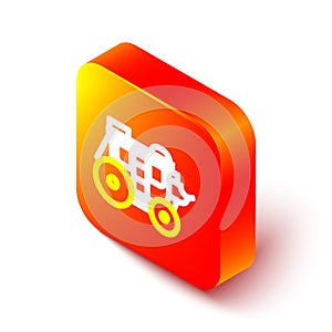 Isometric line Western stagecoach icon isolated on white background. Orange square button. Vector Illustration