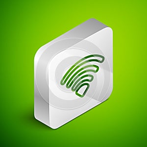 Isometric line Wi-Fi wireless internet network symbol icon isolated on green background. Silver square button. Vector