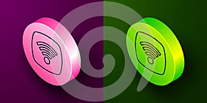 Isometric line Wi-Fi wireless internet network symbol icon isolated on purple and green background. Circle button