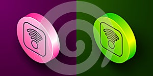 Isometric line Wi-Fi wireless internet network symbol icon isolated on purple and green background. Circle button