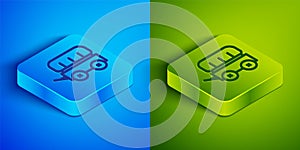 Isometric line Wild west covered wagon icon isolated on blue and green background. Square button. Vector