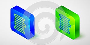 Isometric line Wire electric cable on a reel or drum icon isolated on grey background. Blue and green square button