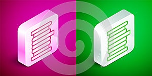 Isometric line Wire electric cable on a reel or drum icon isolated on pink and green background. Silver square button