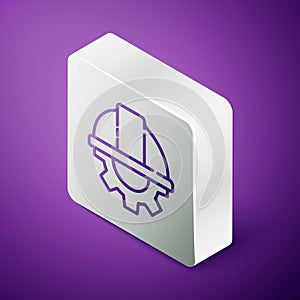 Isometric line Worker safety helmet and gear icon isolated on purple background. Silver square button. Vector