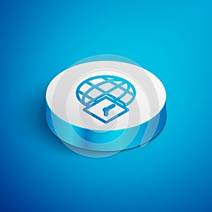 Isometric line World time icon isolated on blue background. Clock and globe. White circle button. Vector