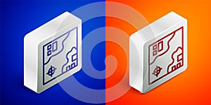 Isometric line World travel map with airplanes icon isolated on blue and orange background. Silver square button. Vector
