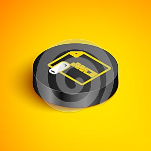 Isometric line ZIP file document. Download zip button icon isolated on yellow background. ZIP file symbol. Black circle