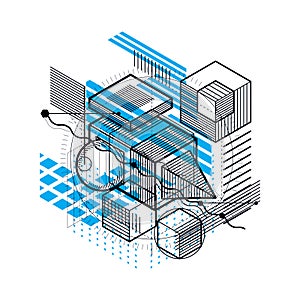 Isometric linear abstract vector background, lined abstraction. Cubes, hexagons, squares, rectangles and different abstract