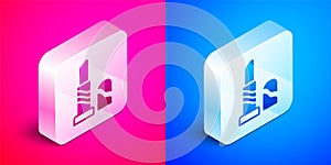 Isometric Lipstick icon isolated on pink and blue background. 8 March. International Happy Women Day. Silver square