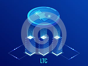 Isometric Litecoin LTC Cryptocurrency mining farm. Blockchain technology, cryptocurrency and a digital payment network