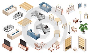 Isometric living room furniture. Modern apartment interior elements, sofa armchair coffee table, home 3d scene kit with