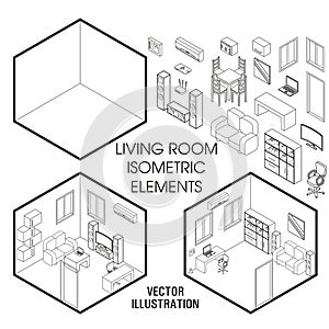 Isometric living room interior constructor. Vector set of isometric Furniture elements of home interior isolated on
