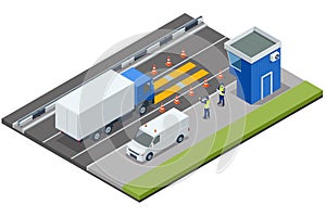 Isometric loaded trailer truck on weighbridge. Weighing control platform. Container car on the weighing scale. Cargo