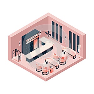 Isometric lobby, reception, lounge in pink pastel color with a hotel card or trolley, tables and chairs. Interior concept scene