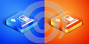 Isometric Location and petrol or gas station icon isolated on blue and orange background. Car fuel symbol. Gasoline pump