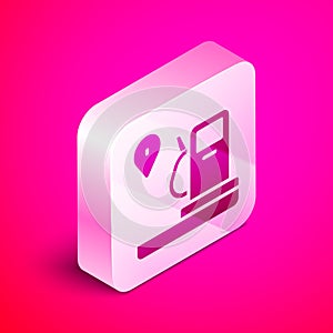 Isometric Location and petrol or gas station icon isolated on pink background. Car fuel symbol. Gasoline pump. Silver