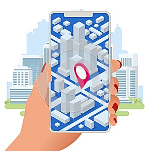 Isometric location track app on touchscreen smartphone. Street map with GPS Navigation. City navigation map with pin.