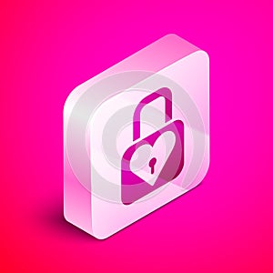 Isometric Lock and heart icon isolated on pink background. Locked Heart. Love symbol and keyhole sign. Valentines day