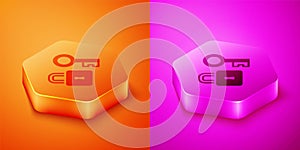 Isometric Lock with key icon isolated on orange and pink background. Love symbol and keyhole sign. Hexagon button