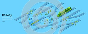 Isometric locomotive, railway, rail track elements