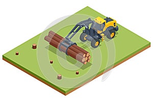 Isometric Log Loader. Loading equipment for logging. Log loader for timber, logs. The log loader moves a stack of pine
