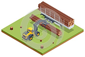 Isometric Log Loader. Loading equipment for logging. Log loader for timber, logs. The log loader moves a stack of pine