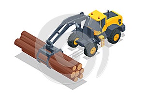 Isometric Log Loader. Loading equipment for logging. Log loader for timber, logs. The log loader moves a stack of pine