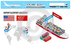 Isometric Logistic Systems. Container ship and dry cargo ship. Import or Export services. Ocean freight forwarding. Sea