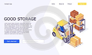 Isometric logistic warehouse boxes trucks forklifts goods and invertory for delivery web template vector illustration