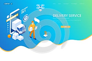 Isometric Logistics and Delivery concept. Delivery home and office. City logistics. Warehouse, truck, forklift, courier