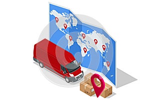 Isometric Logistics and Delivery concept. Worldwide Shipping. Delivery home and office. City logistics.