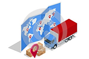 Isometric Logistics and Delivery concept. Worldwide Shipping. Delivery home and office. City logistics.