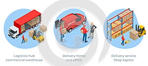 Isometric Logistics and Delivery Infographics. Delivery home and office. City logistics. Online Express, Free, Fast