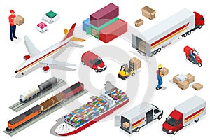 Isometric Logistics icons set of different transportation distribution vehicles, delivery elements. Air cargo trucking