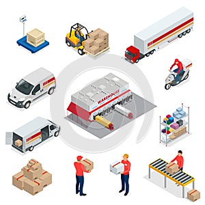 Isometric Logistics icons set of different transportation distribution vehicles, delivery elements. Vehicles designed to