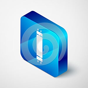 Isometric Long luminescence fluorescent energy saving lamp icon isolated on grey background. Blue square button. Vector