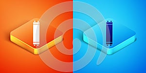 Isometric Long luminescence fluorescent energy saving lamp icon isolated on orange and blue background. Vector