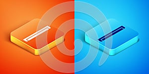 Isometric Long luminescence fluorescent energy saving lamp icon isolated on orange and blue background. Vector